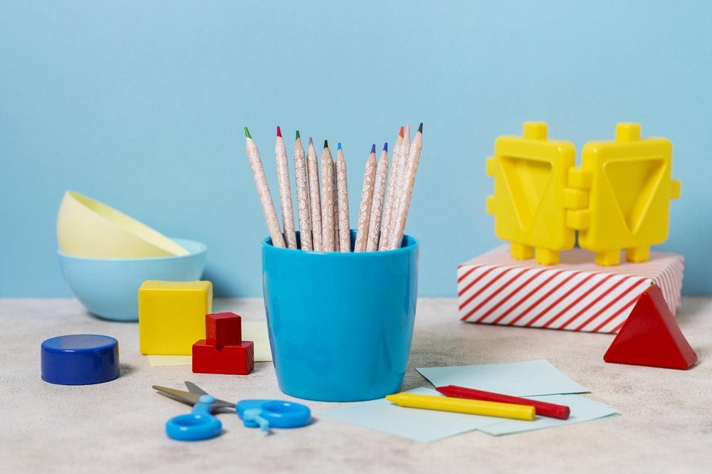 Montessori learning materials: pencils, blocks and craft supplies